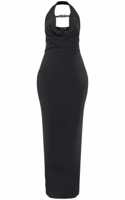 Tall Black Slinky Belt Tie Halterneck Maxi Dress