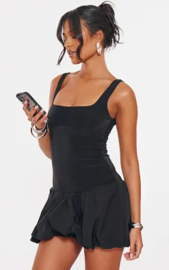 Tall Black Slinky Puff Hem Mini Dress