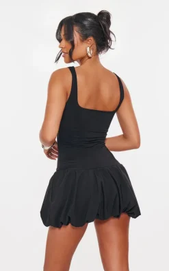 Tall Black Slinky Puff Hem Mini Dress
