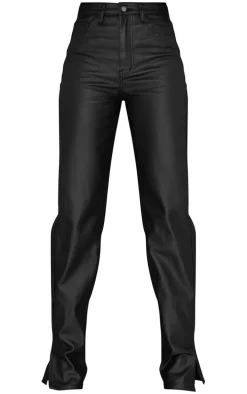 Tall Black Split Hem High Waist Coated Jeans