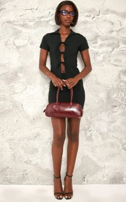 Tall Black Stretch Woven Tie Front Top