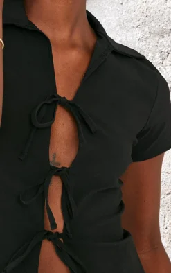 Tall Black Stretch Woven Tie Front Top