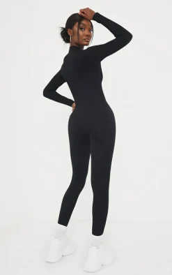 Tall Black Structured Snatched Rib Jumpsuit