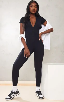 Tall Black Structured Snatched Rib Short Sleeve Jumpsuit