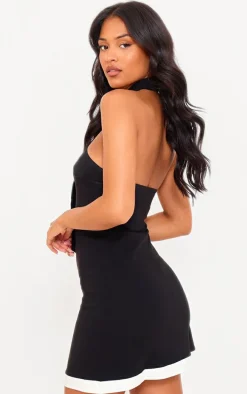 Tall Black Tailored Belt Neck Detail Mini Dress