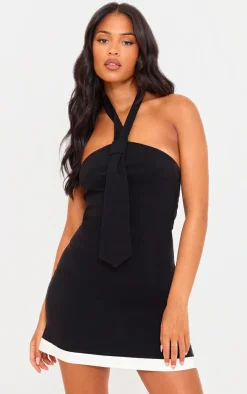 Tall Black Tailored Belt Neck Detail Mini Dress