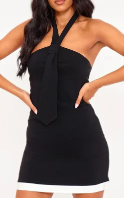 Tall Black Tailored Belt Neck Detail Mini Dress