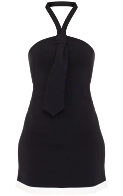 Tall Black Tailored Belt Neck Detail Mini Dress