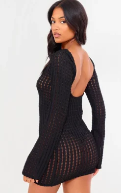 Tall Black Textured Open Back Long Sleeve Mini Dress