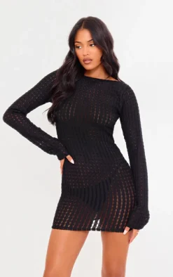 Tall Black Textured Open Back Long Sleeve Mini Dress