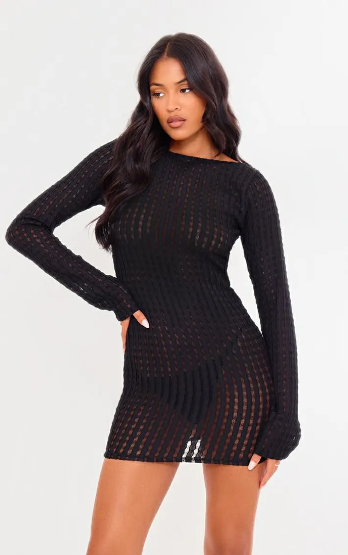 Tall Black Textured Open Back Long Sleeve Mini Dress