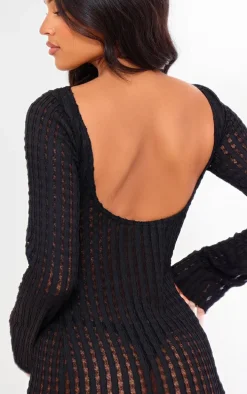 Tall Black Textured Open Back Long Sleeve Mini Dress
