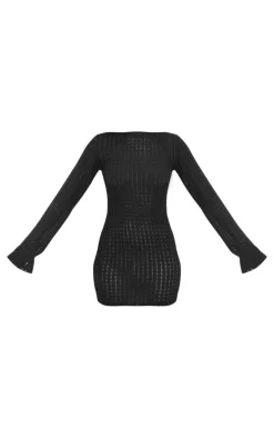 Tall Black Textured Open Back Long Sleeve Mini Dress
