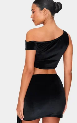 Tall Black Velvet Asymmetric Crop Top