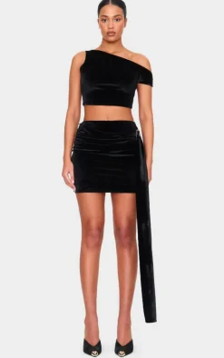 Tall Black Velvet Buckle Detail Mini Skirt