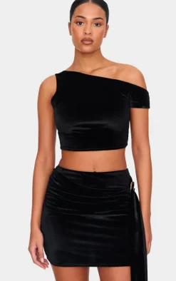 Tall Black Velvet Buckle Detail Mini Skirt