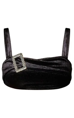 Tall Black Velvet Diamante Buckle Crop Top