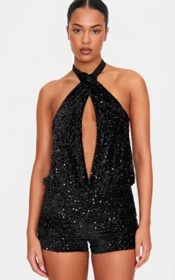 Tall Black Velvet Sequin Halterneck Romper