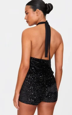 Tall Black Velvet Sequin Halterneck Romper