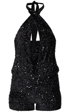 Tall Black Velvet Sequin Halterneck Romper