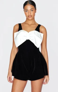 Tall Black Velvet Sleeveless Bow Detail Romper