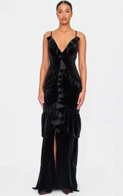 Tall Black Velvet Textured Frill Maxi Dress