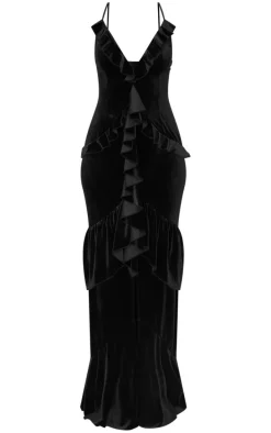 Tall Black Velvet Textured Frill Maxi Dress