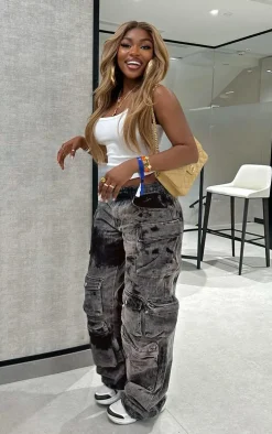 Tall Black Washed Denim Cargo Low Rise Wide Leg Jeans