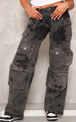 Tall Black Washed Denim Cargo Low Rise Wide Leg Jeans