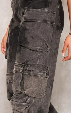 Tall Black Washed Denim Cargo Low Rise Wide Leg Jeans