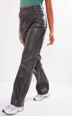 Tall Black Washed Faux Leather Straight Leg Pants