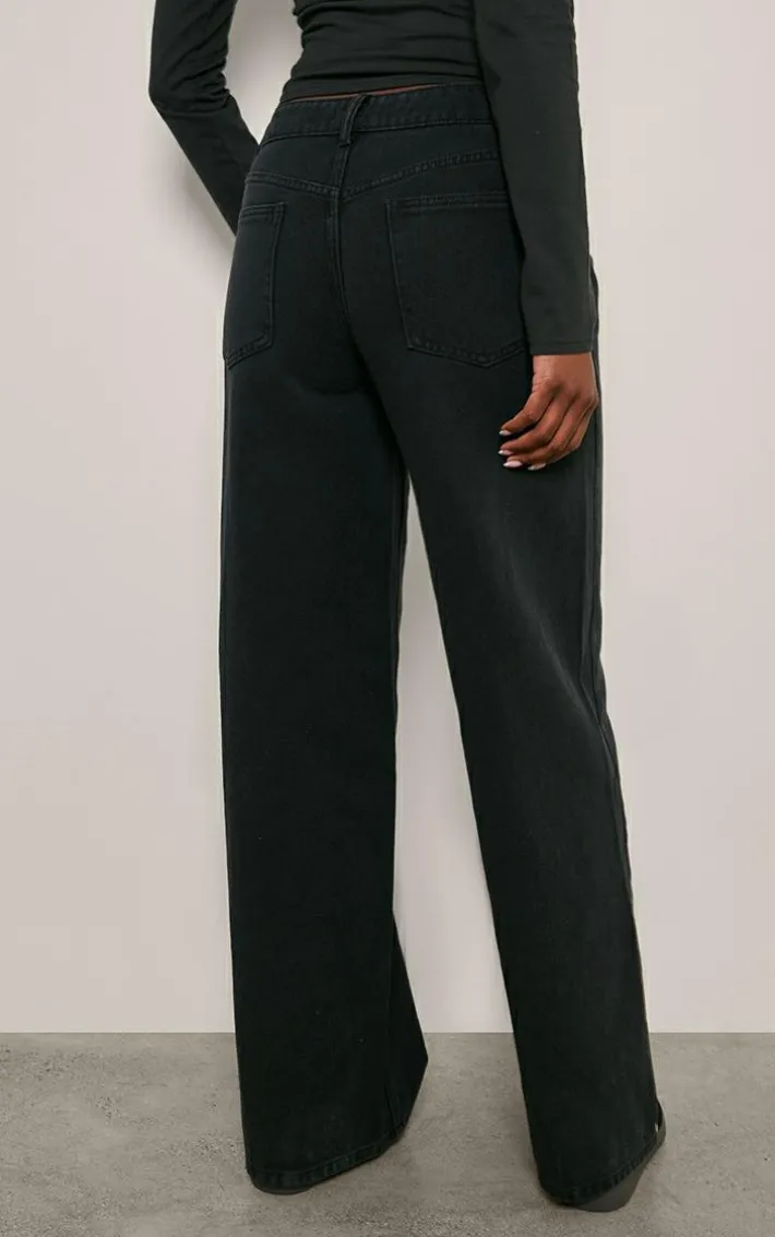 Tall Black Washed Mid Rise Wide Leg Jeans