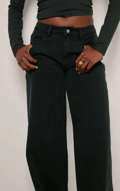 Tall Black Washed Mid Rise Wide Leg Jeans