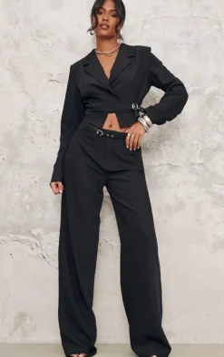 Tall Black Woven Buckle Detail Wide Leg Pants