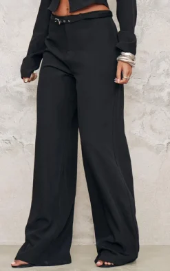 Tall Black Woven Buckle Detail Wide Leg Pants