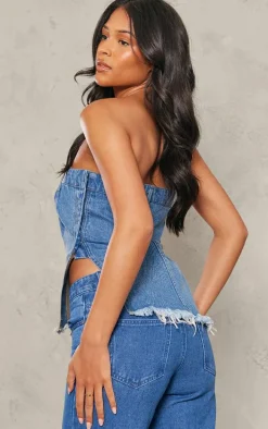 Tall Blue Bandeau Ombre Denim Asymmetric Hem Top