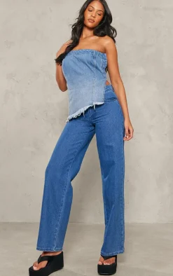 Tall Blue Bandeau Ombre Denim Asymmetric Hem Top