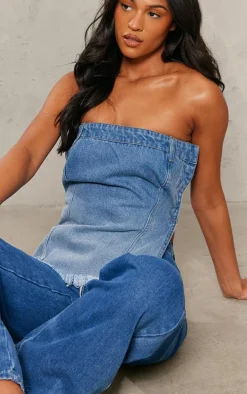 Tall Blue Bandeau Ombre Denim Asymmetric Hem Top