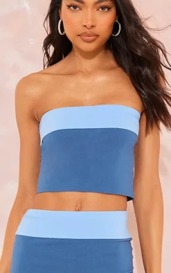 Tall Blue Contrast Fold Over Bandeau Top