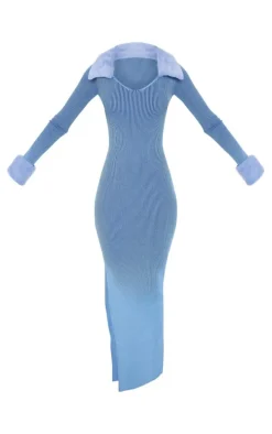 Tall Blue Faux Fur Collar Knitted Maxi Dress