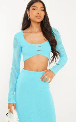 Tall Blue Knitted Long Sleeve Crop Top