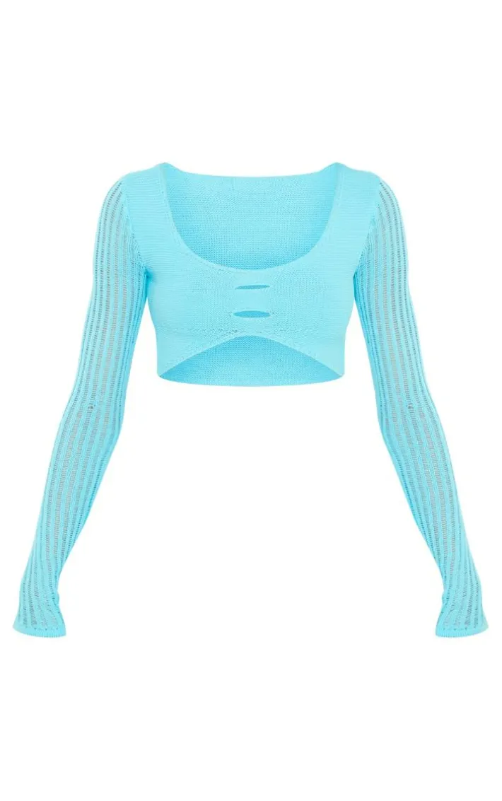 Tall Blue Knitted Long Sleeve Crop Top