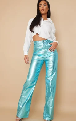 Tall Blue Metallic High Waist Straight Leg Jeans