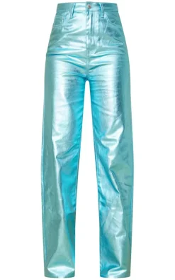 Tall Blue Metallic High Waist Straight Leg Jeans