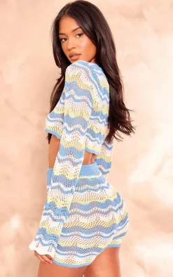 Tall Blue Open Knit Long Sleeve Crop Top