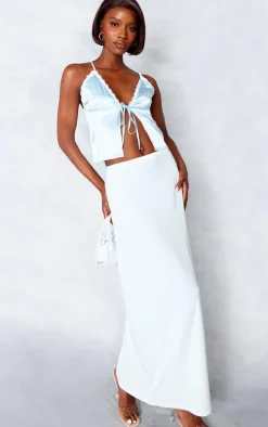 Tall Blue Satin Lace Trim Tie Front Crop Top