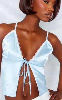 Tall Blue Satin Lace Trim Tie Front Crop Top