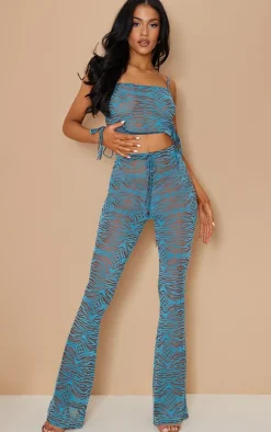 Tall Blue Wave Print Flock Cut Out Strappy Crop Top
