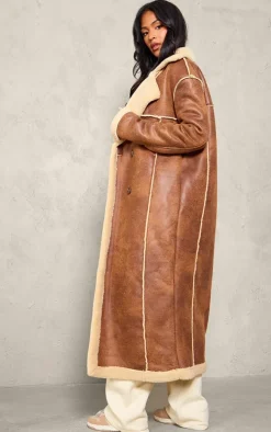 Tall Brown Faux Suede Borg Trim Maxi Coat