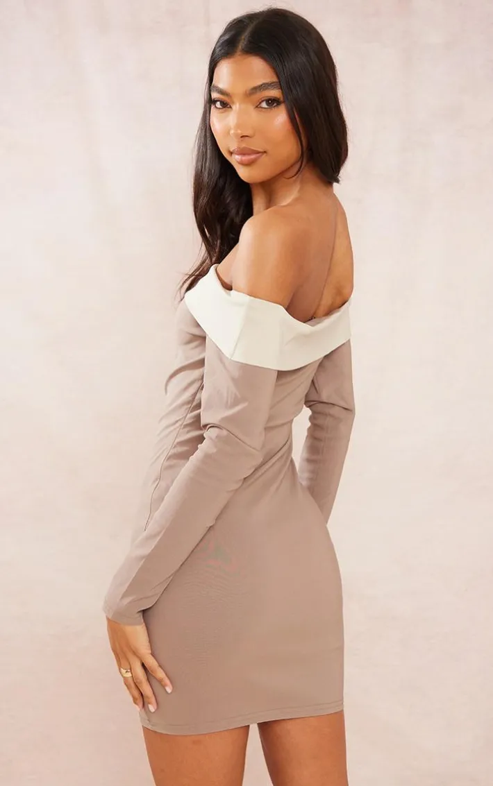 Tall Brown Fold Over Bardot Bodycon Dress